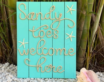 Handmade Sandy Toes Welcome Here with Rope Beach Pallet Art, Coastal Decor, Rope Signs, Nautical Decor, Beach House Decor