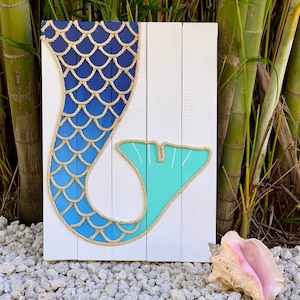 Handmade Mermaid Tail Beach Pallet Art, Coastal Decor, Mermaid Art, Gift for her, Mermaid Rope Sign, Mermaid Wood Sign