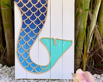 Handmade Mermaid Tail Beach Pallet Art, Coastal Decor, Mermaid Art, Gift for her, Mermaid Rope Sign, Mermaid Wood Sign