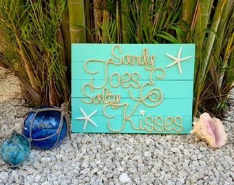 Handmade Sandy Toes and Salty Kisses Beach Pallet Art Coastal Decor Rope Art Pallet Art
