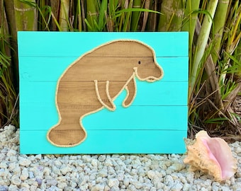 Handmade Manatee with Rope Beach Pallet Art Manatee Art Rope Art Pallet Art Nautical Art Coastal Decor