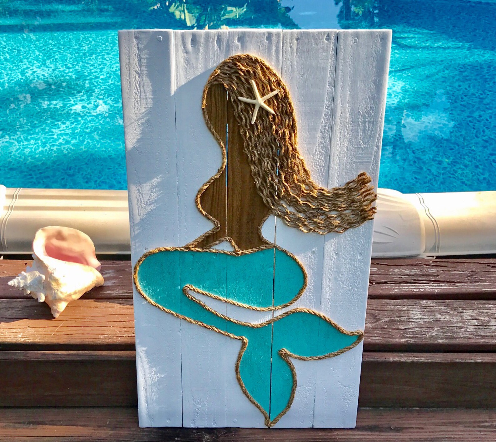 Handmade Mermaid With Rope Beach Pallet Art Coastal Decor Rope Art ...