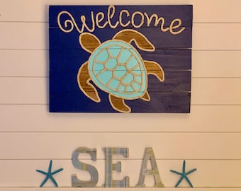 Handmade "Welcome" Turtle with Rope Beach Pallet Art Coastal Decor Nautical Art Rope Art Pallet Art