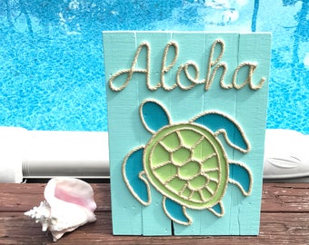 Handmade Aloha Turtle with Rope Beach Pallet Art, Coastal Decor, Rope Art, Turtle Art, Nautical Art, Aloha Wood Sign, Gift for Her