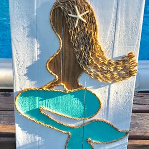Handmade Mermaid With Rope Beach Pallet Art Coastal Decor Rope Art ...