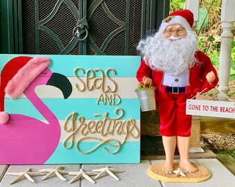 Handmade "Seas and Greetings" Flamingo w/Rope Beach Pallet Art, Coastal Decor, Nautical Decor, Flamingo, Beach Christmas, Coastal Christmas