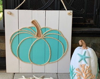 Handmade Coastal Pumpkin with Rope Beach Pallet Art Coastal Harvest Decor Nautical Decor Coastal Decor Fall Decor