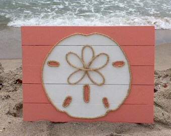 Handmade Coral Sand Dollar with Rope Beach Pallet Art Coastal Decor Nautical Art Rope Art Pallet Art