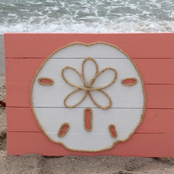 Handmade Coral Sand Dollar with Rope Beach Pallet Art Coastal Decor Nautical Art Rope Art Pallet Art