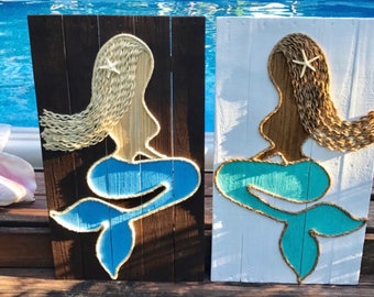 Handmade Mermaid with Rope Beach Pallet Art Coastal Decor Rope Art Mermaid Art Pallet Art Mermaid Coastal Decor Nautical Art