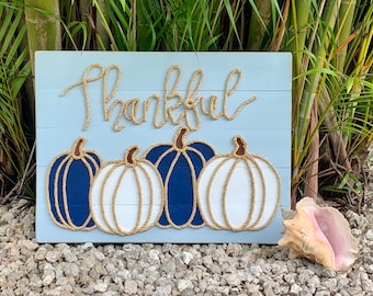 Handmade “Thankful” pumpkins with rope beach pallet art. Coastal farmhouse. Coastal decor. Nautical decor. Farmhouse. Halloween. Fall decor