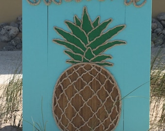 Handmade Welcome Pineapple with Rope Beach Pallet Art Coastal Decor