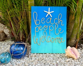 Handmade “Beach People Welcome”  with rope beach pallet art. Coastal decor. Nautical decor. Coastal farmhouse.
