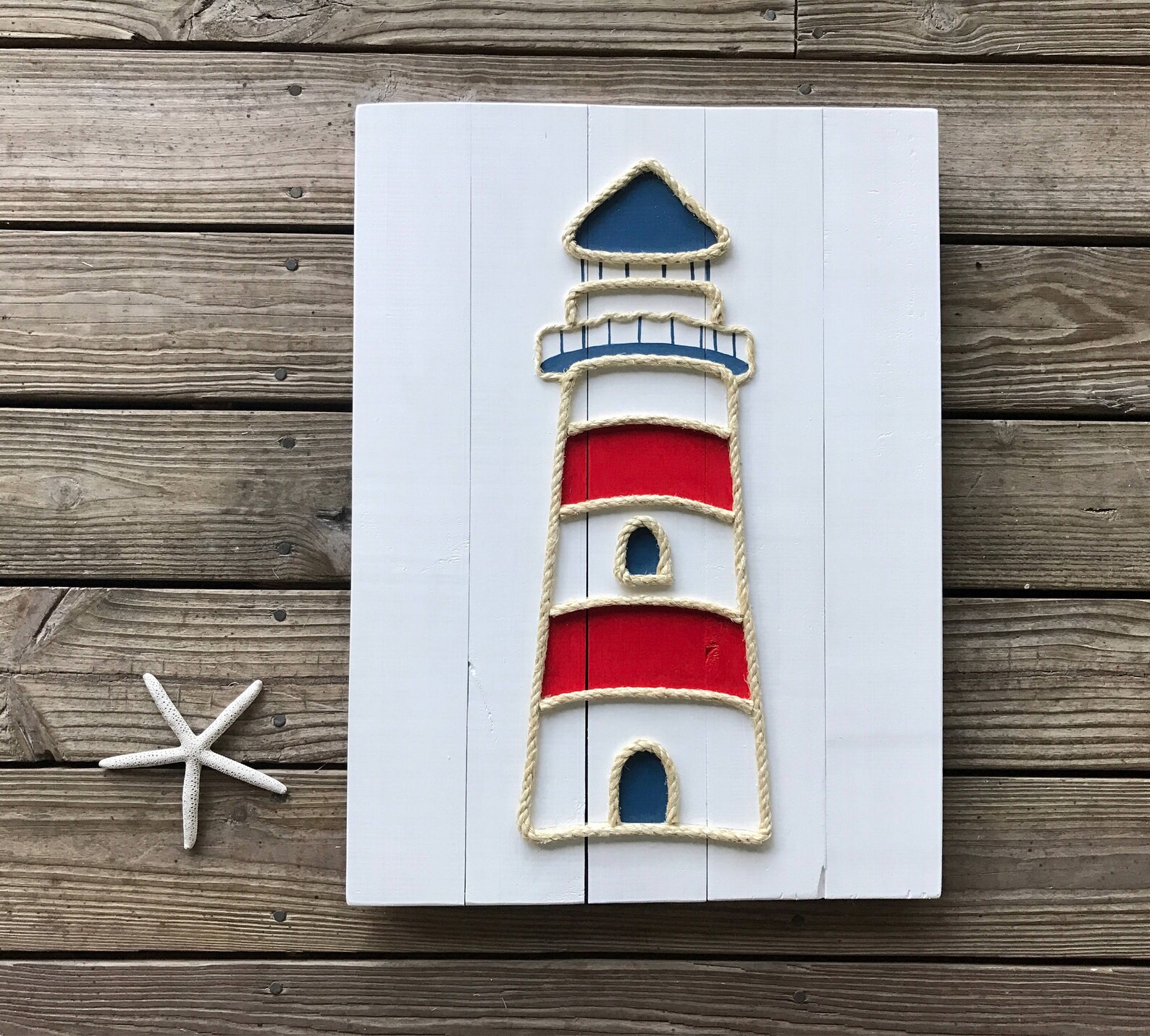 Handmade Lighthouse With Rope Beach Pallet Art Lighthouse Art Etsy