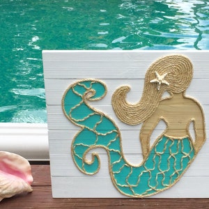 Handmade Mermaid with Rope© Beach Pallet Art Coastal Decor Mermaid Art Rope Art Pallet Art Mermaid