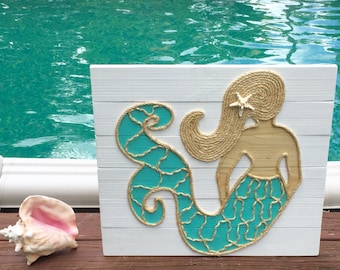 Handmade Mermaid with Rope© Beach Pallet Art Coastal Decor Mermaid Art Rope Art Pallet Art Mermaid