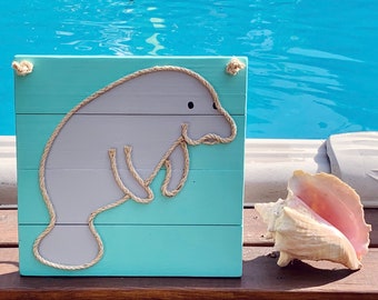 Handmade Hanging Manatee with Rope Beach Pallet Art Coastal Decor Nautical Art Rope Art Manatee Art Manatee Pallet Signs Beach Signs