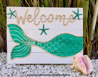 Handmade “Welcome” Mermaid with Rope Beach Pallet Art Mermaid Art Mermaid Decor Coastal Decor Nautical Decor