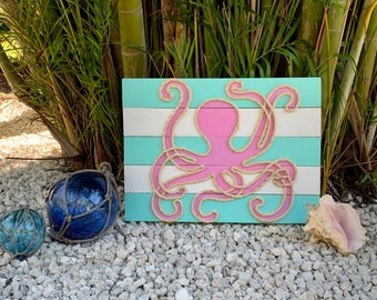 Handmade Octopus with Rope Beach Pallet Art Coastal Decor Rope Art Nautical Art Pallet Art Octopus Art