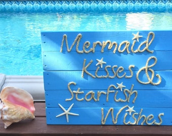Handmade Mermaid Kisses & Starfish Wishes Beach Pallet Art Mermaid Art Rope Art Pallet Art Mermaid