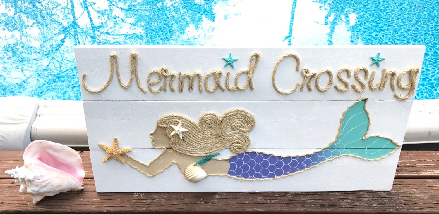 Handmade Swimming Mermaid Crossing With Rope Beach Pallet Art Coastal