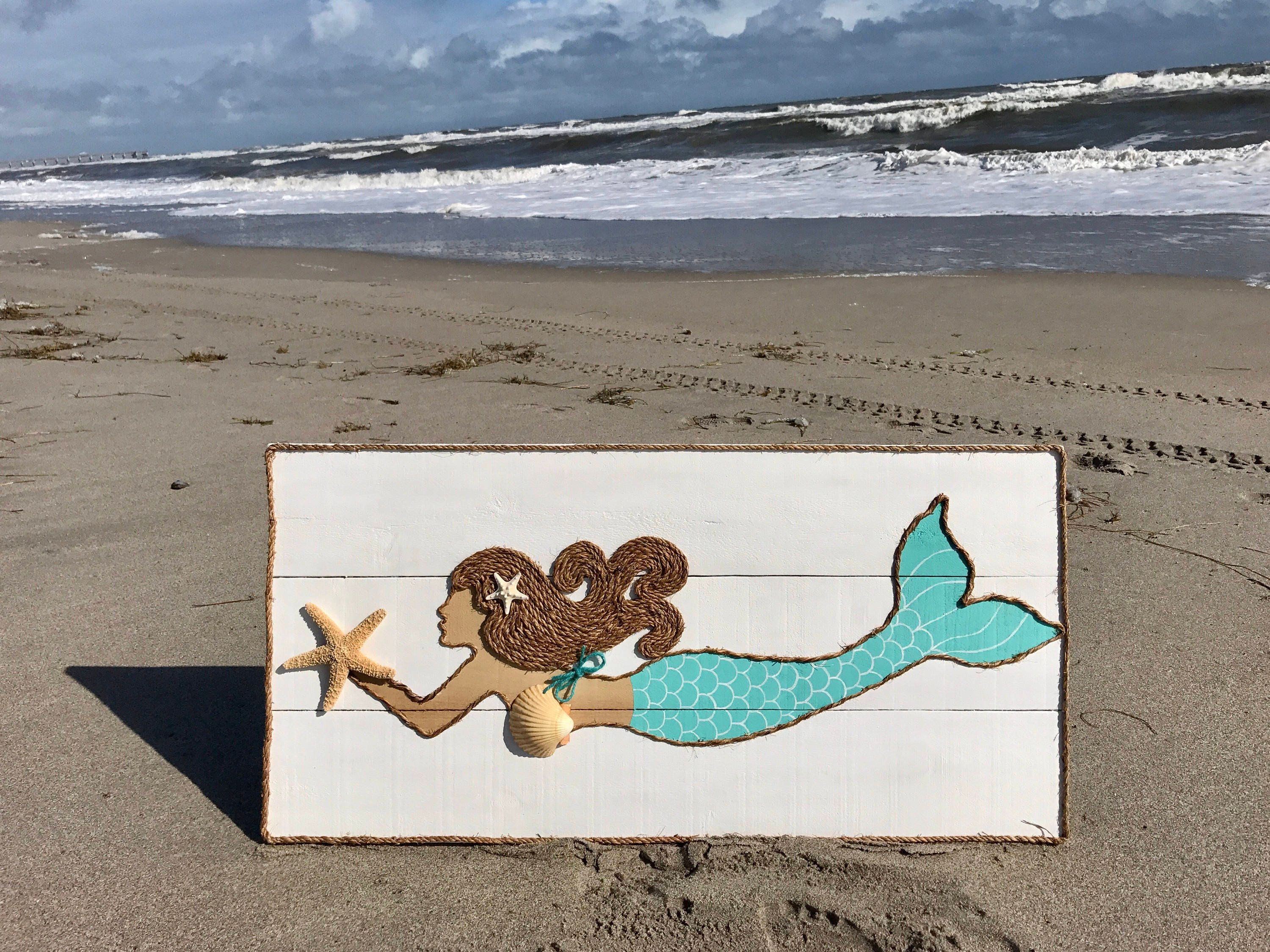 Handmade Swimming Mermaid With Rope Beach Pallet Art Coastal Decor ...