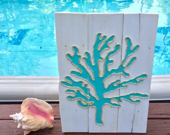 Handmade Coral with Rope Beach Pallet Art Coastal Decor Rope Art Nautical Art Pallet Art