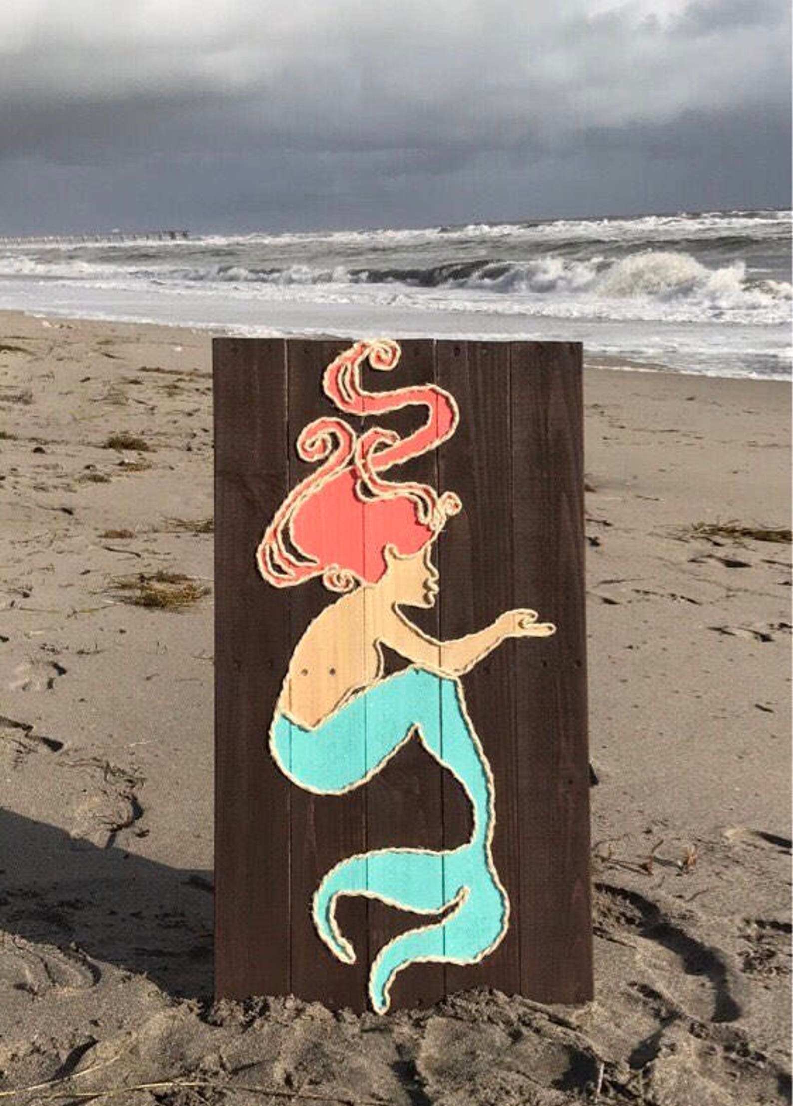 Handmade Mermaid With Rope Beach Pallet Art Coastal Decor Mermaid Art ...