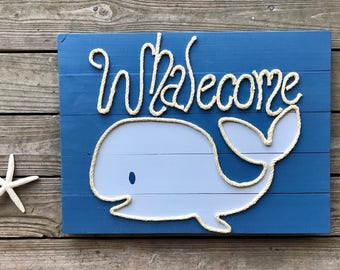 Handmade Whalecome Whale with Rope Beach Pallet Art, Whale Art, Coastal Decor, Nautical Art, Whale Art, Gift For Nursery, Gift For Baby