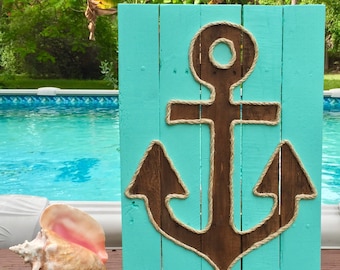 Handmade Anchor with Rope Beach Pallet Art Anchor Art Nautical Art Coastal Decor Rope Art Pallet Art