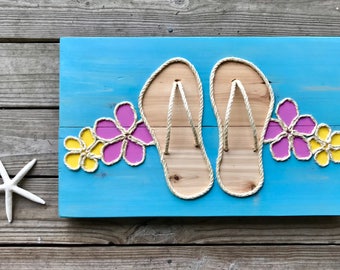 Handmade Flip Flops w/ Rope Beach Pallet Art, Flip Flop Art, Coastal Decor, Nautical Decor, Rope Art, Gifts For Beach Lovers, Gifts For Her