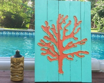 Handmade Coral with Rope Beach Pallet Art, Nautical Art, Coastal Decor, Rope Art, Nautical Wall Art, Beach Decor, Gift For Her, Gift For Mom