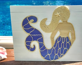 Handmade Mermaid With Rope Beach Pallet Art Coastal Decor Rope | Etsy