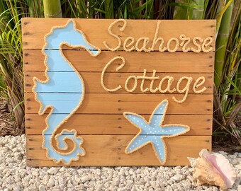 Handmade "Seahorse Cottage" with Seahorse and Starfish Beach Pallet Art Coastal Secor Nautical Decor