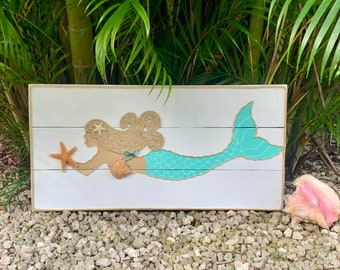 Handmade Swimming Mermaid with Rope Beach Pallet Art, Coastal Decor, Mermaid Art, Rope Art,Mermaid, Gift For Her, Gift For Mermaid Lover