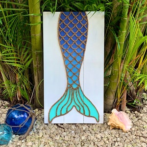 Handmaid Mermaid Tail with Rope Beach Pallet Art Mermaid Art Coastal Decor Nautical Art Rope Art Mermaid Mermaid Rope Art