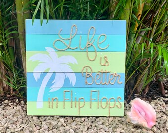 Handmade “Life is Better in Flipflops” With Rope Beach Pallet Art, Coastal Decor, Nautical Decor, Flipflop Decor, Beach House Decor
