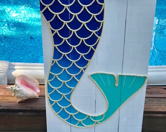 Handmaid Ombre' Mermaid Tail with Rope Beach Pallet Art Coastal Decor Mermaid Art Rope Art Pallet Art Nautical Art Mermaid