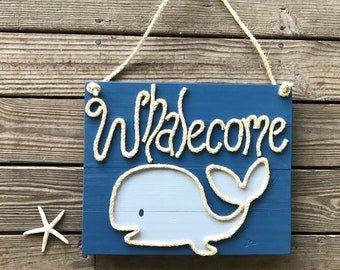 Handmade Hanging "Whalecome" with Whale Beach Pallet Art Nautical Art Rope Art Coastal Decor