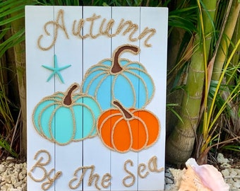 Handmade “Autumn By The Sea” and “Autumn By The Lake” with Rope Beach Pallet Art, Coastal Pumpkins, Coastal Fall Decor. Halloween