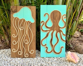 Handmade Jellyfish and Octopus with Rope Beach Pallet Art Nautical Decor Coastal Decor