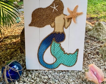 Handmade Mermaid with Rope© Beach Pallet Art, Coastal Decor, Nautical Art, Mermaid, Mermaid Art, Gift For Her, Gift For Mermaid Lover