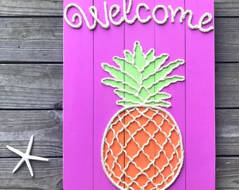 Handmade "Welcome" Pineapple with Rope Beach Pallet Art Coastal Decor Nautical Art