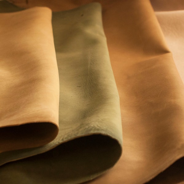 Ochre/Olive - 2nd Qlty- Calf - 5-7s.f. - 2+oz.- Vegetable Tanned - Aniline Dyed