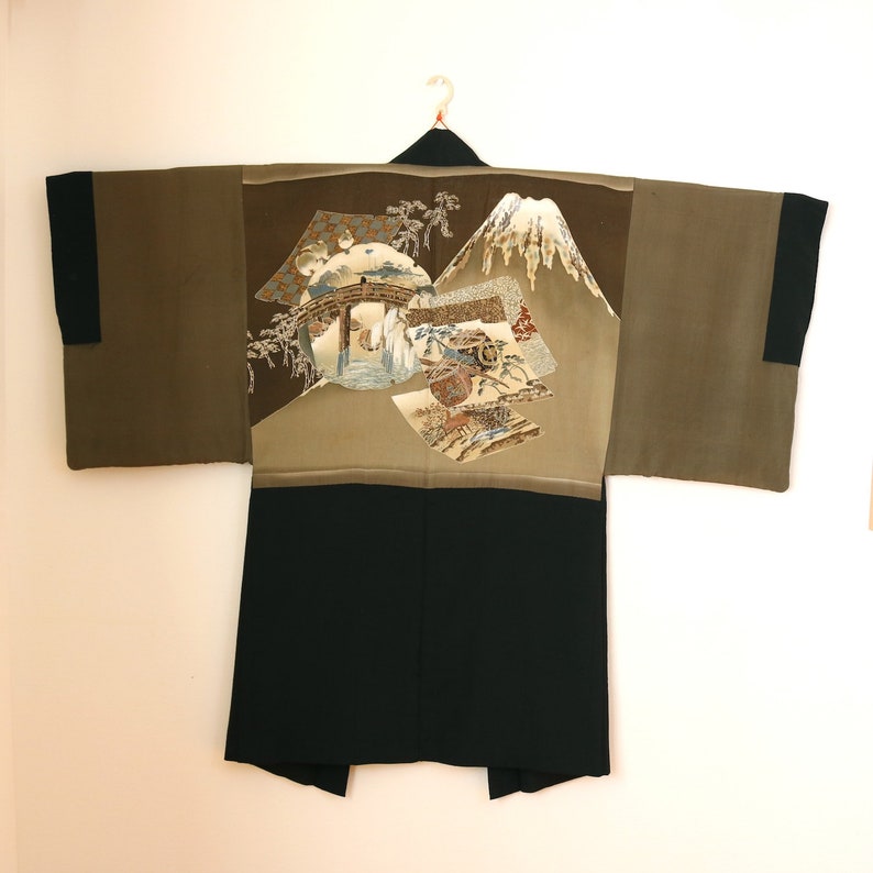 Vintage Japanese Haori Kimono Mt.Fuji /& A Bridge