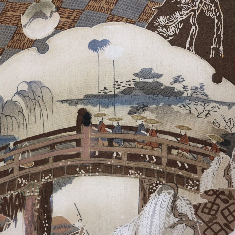Vintage Japanese Haori Kimono Mt.Fuji /& A Bridge
