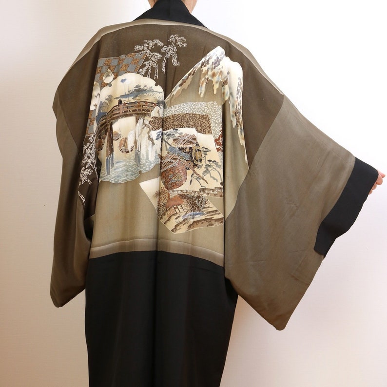 Vintage Japanese Haori Kimono Mt.Fuji /& A Bridge