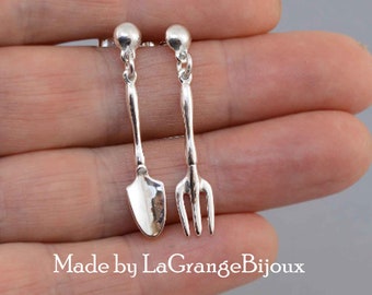 Drop or dangles Gardeners trowel & fork earrings in solid 925 sterling silver,  hand-made gift for a gardener