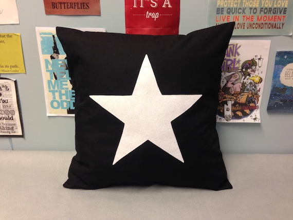 New 16 Inch Black Cotton Cushion Cover White Star Design Appliqué Christmas