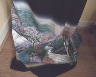 Dramatic Vintage Japanese Silk Tomesode Kimono with Hand Painted Trees and Water Dashing over Rocks